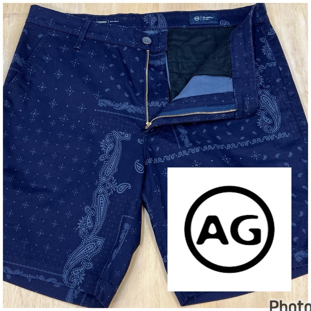AG Adriano Goldschmied Wanderer Shorts Mens 36x8.5 Slim Fit Paisley Navy Stretch
